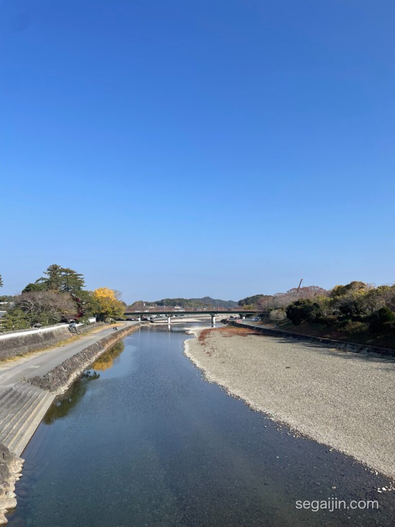 A wide river under a clear blue sky, with a bridge in the distance and autumn trees along the bank